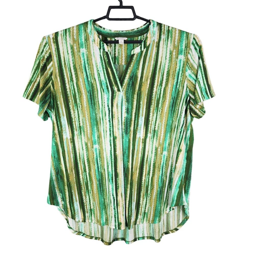 Women's Est 1946 Green & Gold Striped Blouse Top Short Sleeve V Neck Size XL